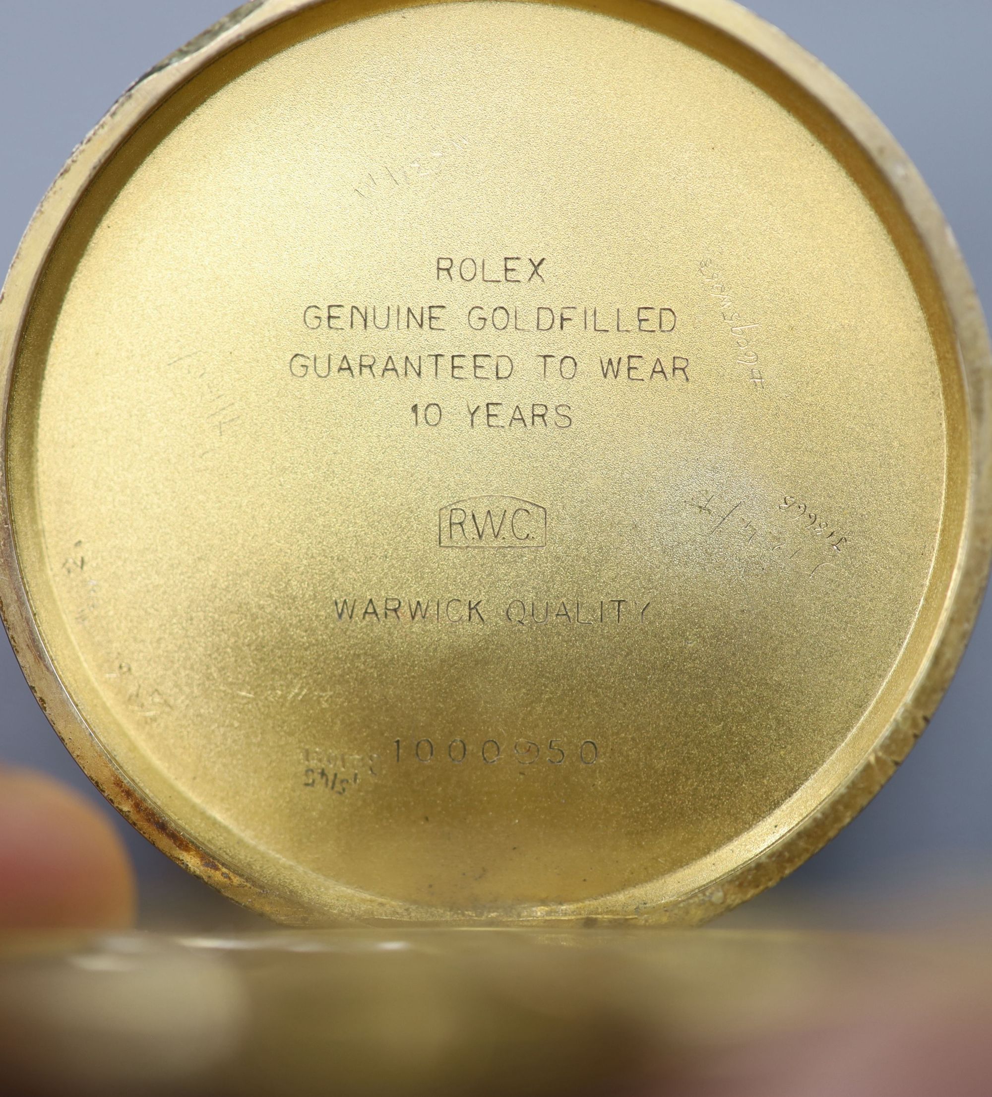 An early to mid 20th century gold filled Rolex keyless dress pocket watch, with Greek Key border, case diameter 44mm.